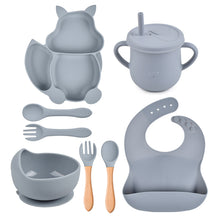 Load image into Gallery viewer, 8Pcs Silicone Baby Feeding Tableware Set Includes Suction Bowl &amp; Divided Plates &amp; Adjustable Bib &amp; Straw Sippy Cup with Lid &amp; Forks &amp; Spoons
