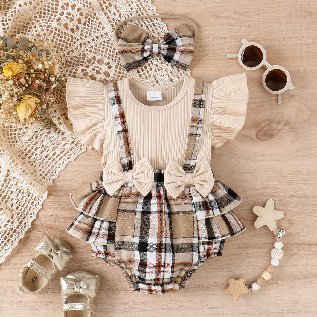 2pcs Baby Girl 95% Cotton Ribbed Ruffle-sleeve Bow Decor Spliced Plaid Romper & Headband Set