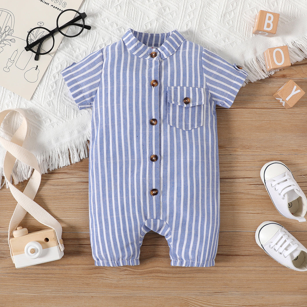 Baby Boy Blue Striped Button Front Short-sleeve Romper