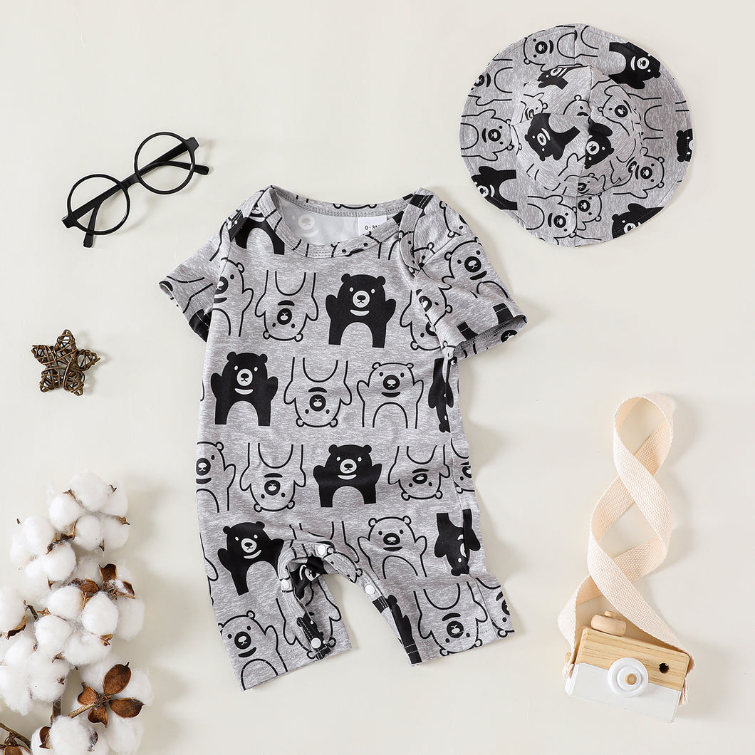 2pcs Baby Boy Allover Bear Print Short-sleeve Romper & Hat Set