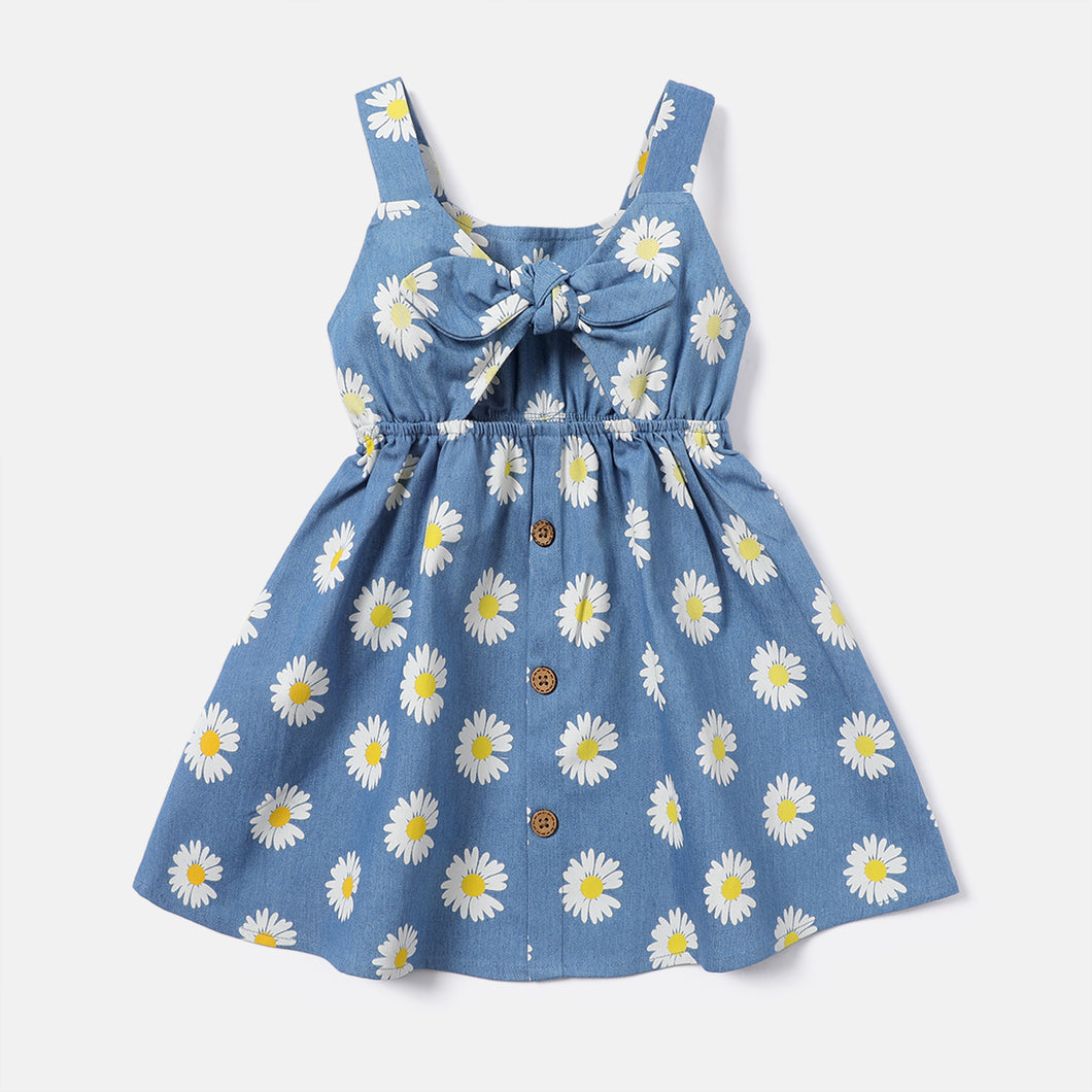 Toddler Girl Floral Print Bowknot Design Cut Out Denim Slip Dress