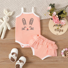 Load image into Gallery viewer, Easter 2pcs Baby Girl Rabbit Embroidered Ribbed Cami Romper and Layered Ruffle Trim Shorts Set
