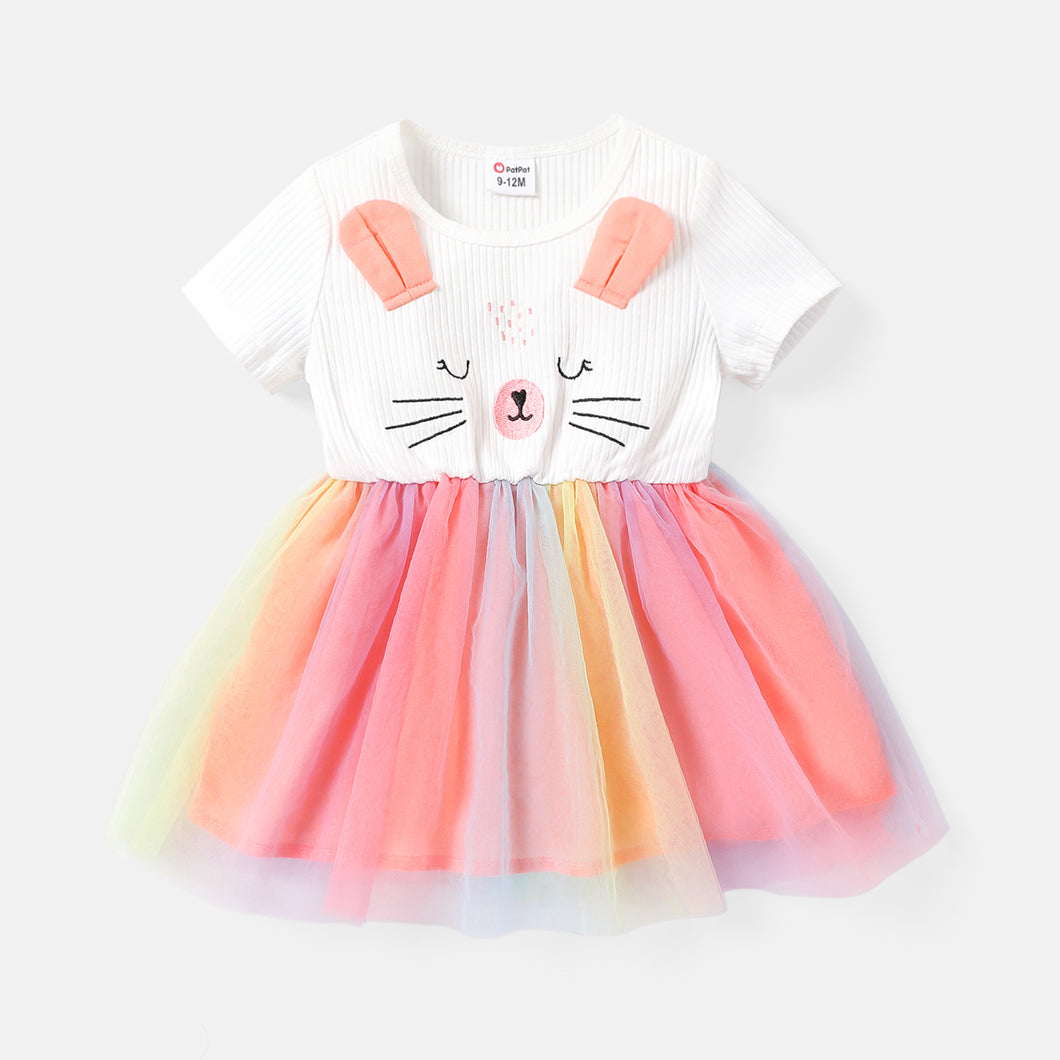 Baby Girl Rabbit Print Ear Design Ribbed Cotton Mesh Splice Short-sleeve Dress