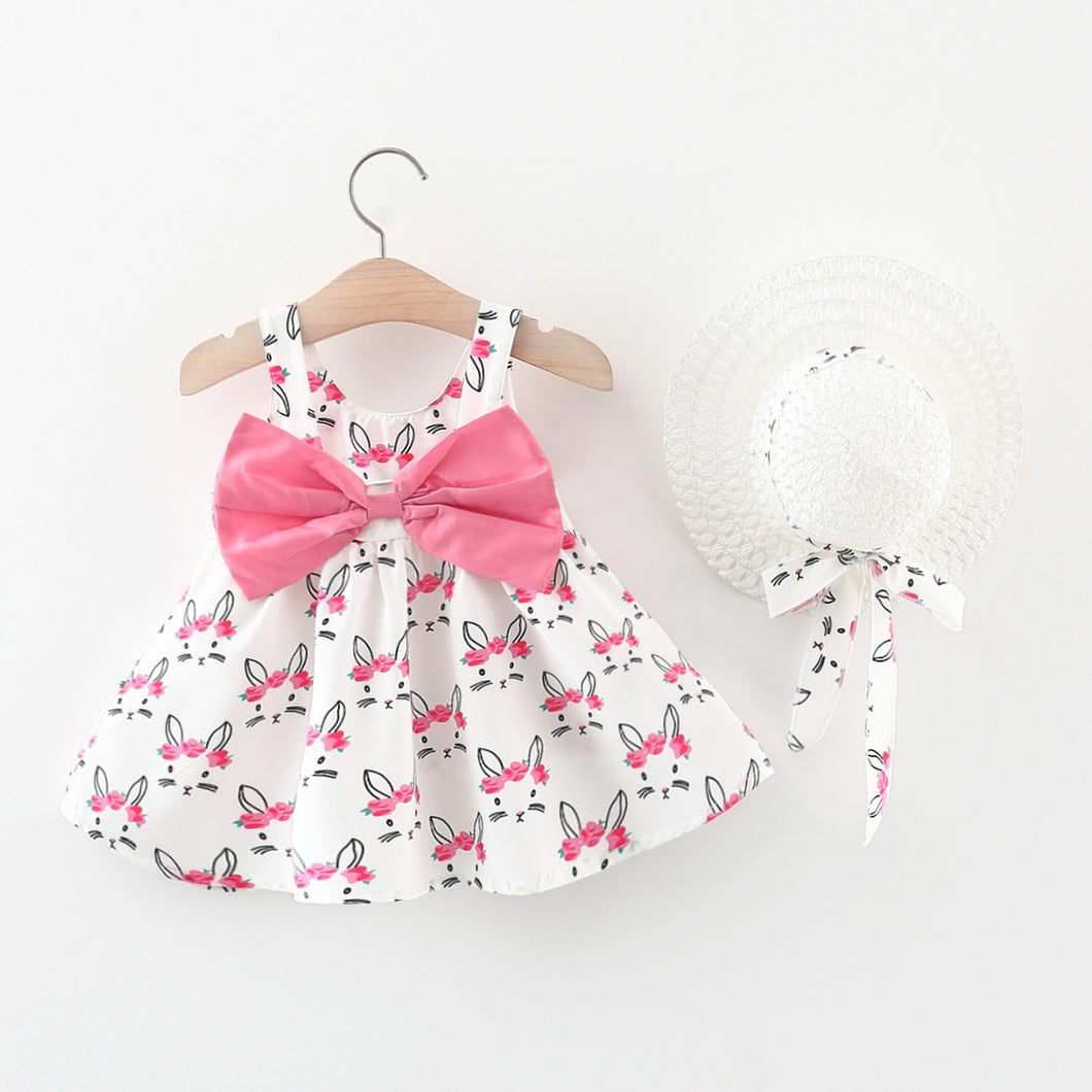 Easter 2pcs Baby Girl Bow Front Pretty Rabbit Print Tank Dress & Hat Set