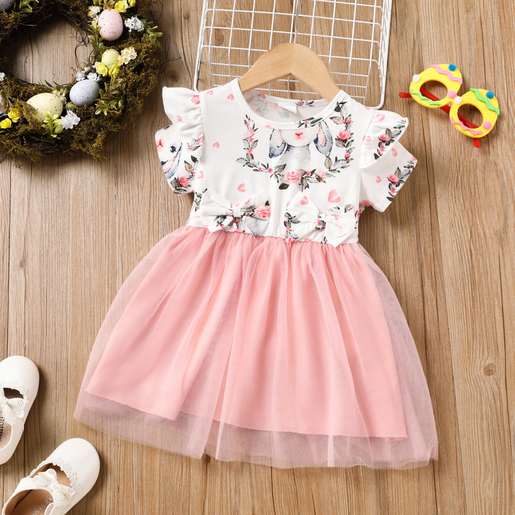 Easter Toddler Girl Playful Bunny Floral Print Mesh Splice Dress