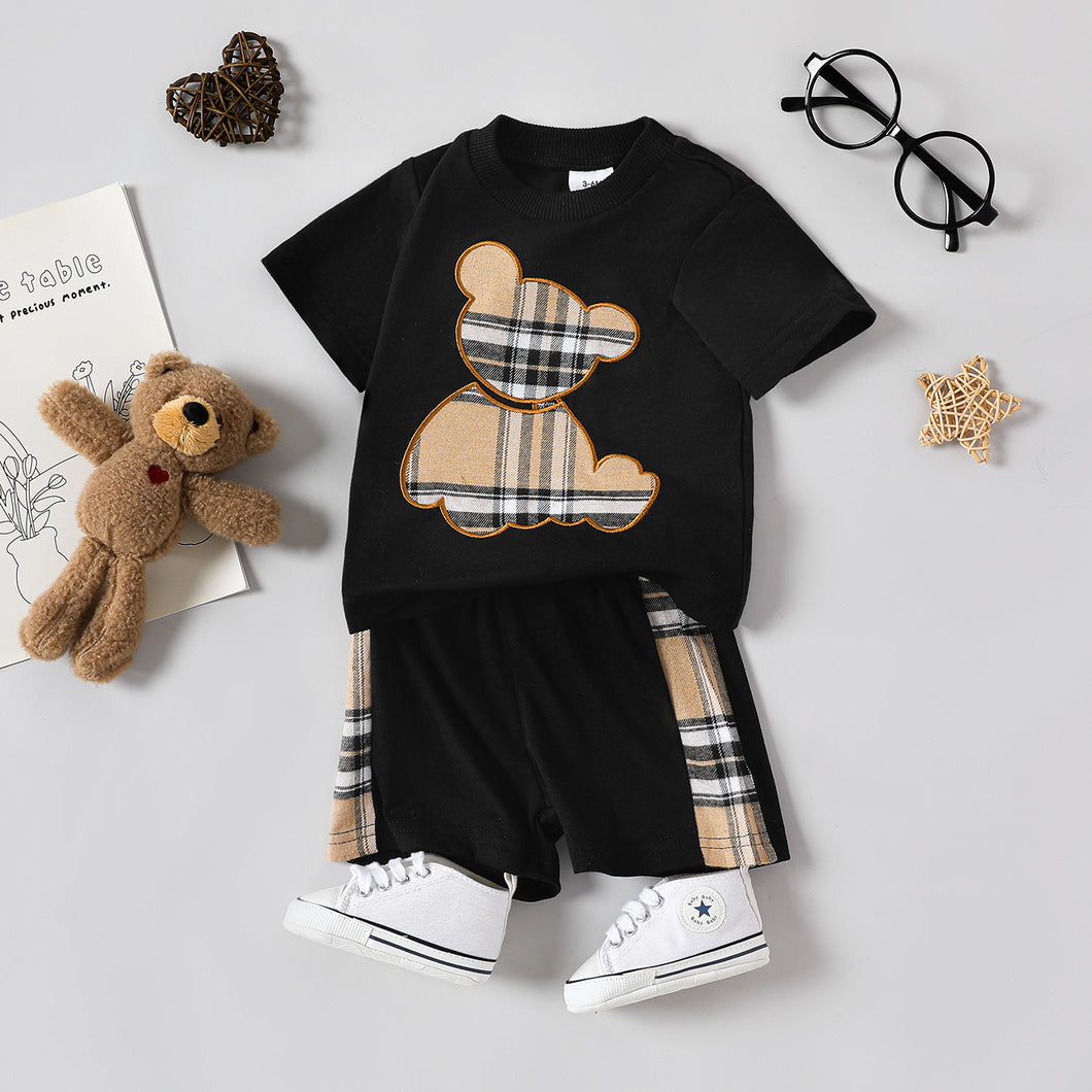 2pcs Baby Boy Plaid Bear Graphic Short-sleeve Tee & Shorts Set