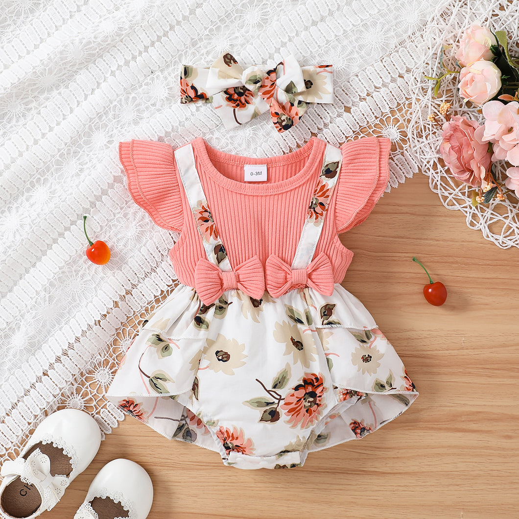 2pcs Baby Girl 95% Cotton Ribbed Flutter-sleeve Faux-two Floral Print Romper & Headband Set