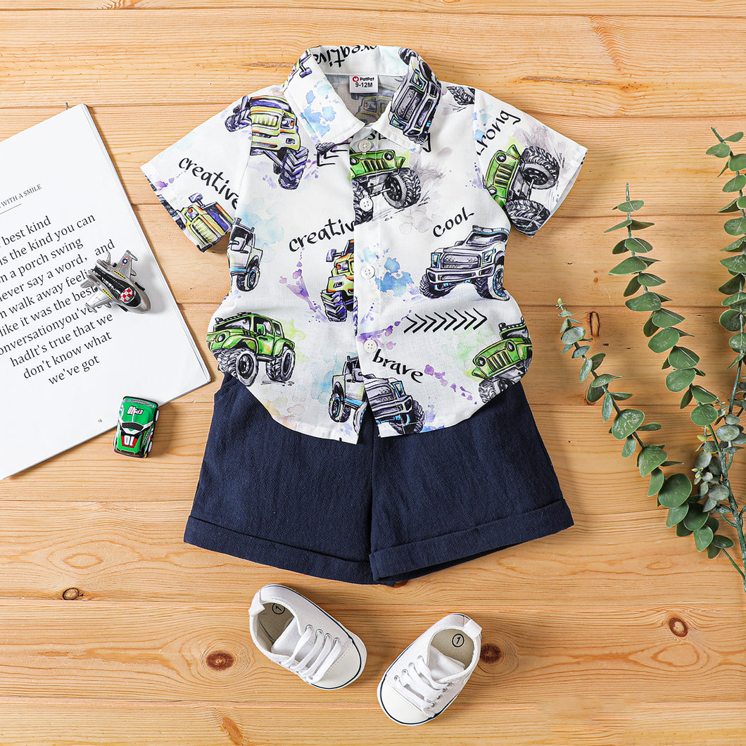 2pcs Baby Boy Vehicle Print Lapel Collar Shirt and Cotton Shorts Set