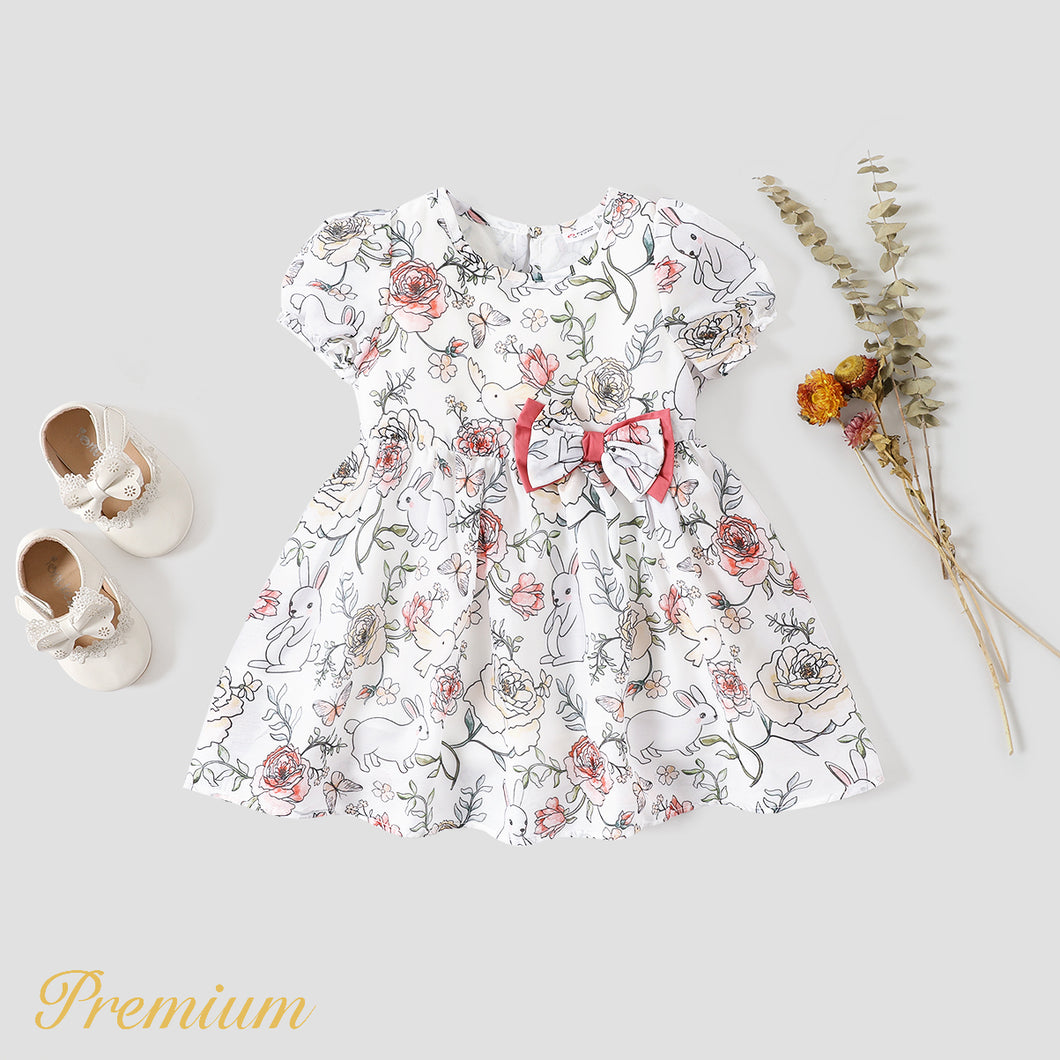 Baby Girl Allover Rabbit Print Puff-sleeve BowFront Dress