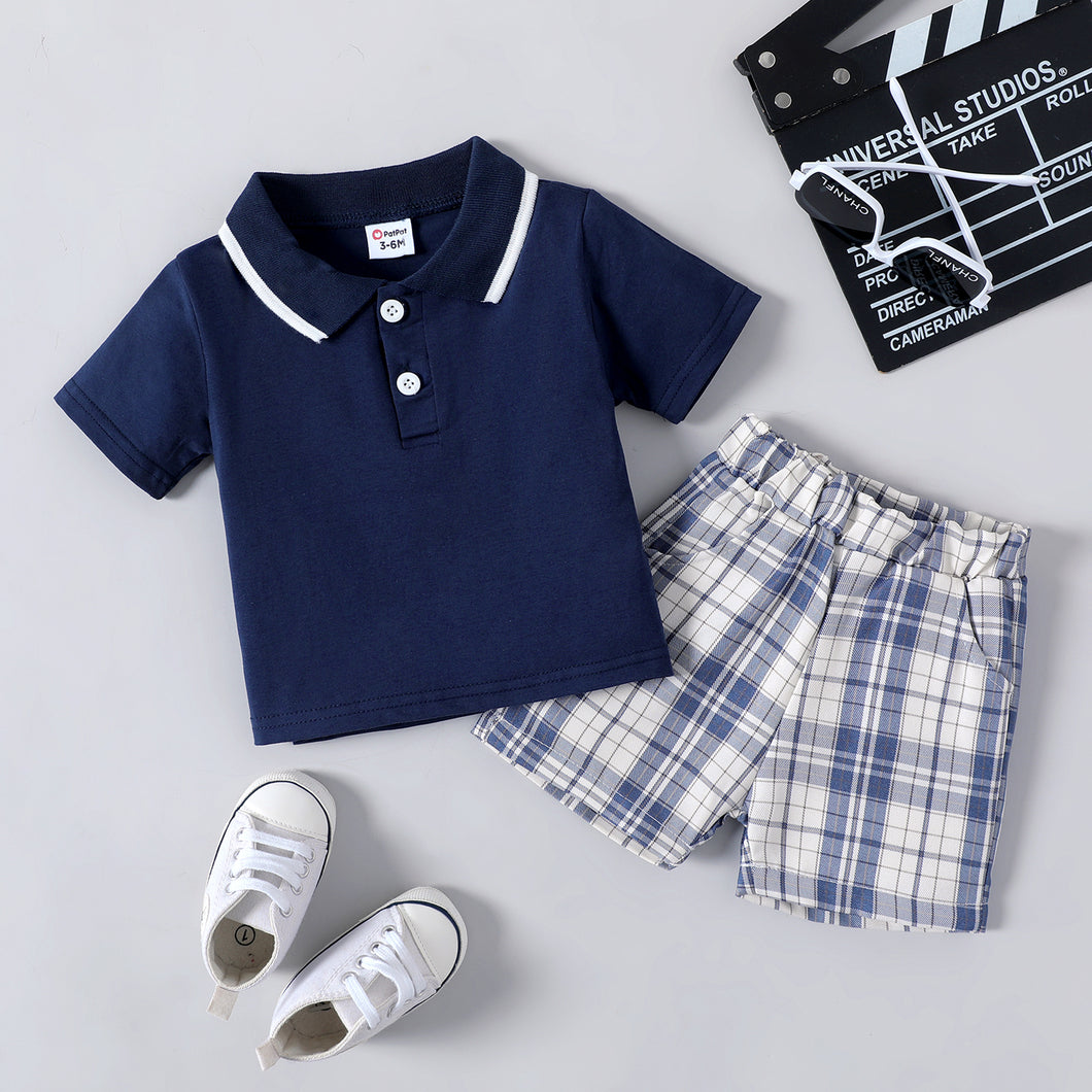 2pcs Baby Boy 95% Cotton Short-sleeve Polo Neck Tee and Plaid Shorts Set