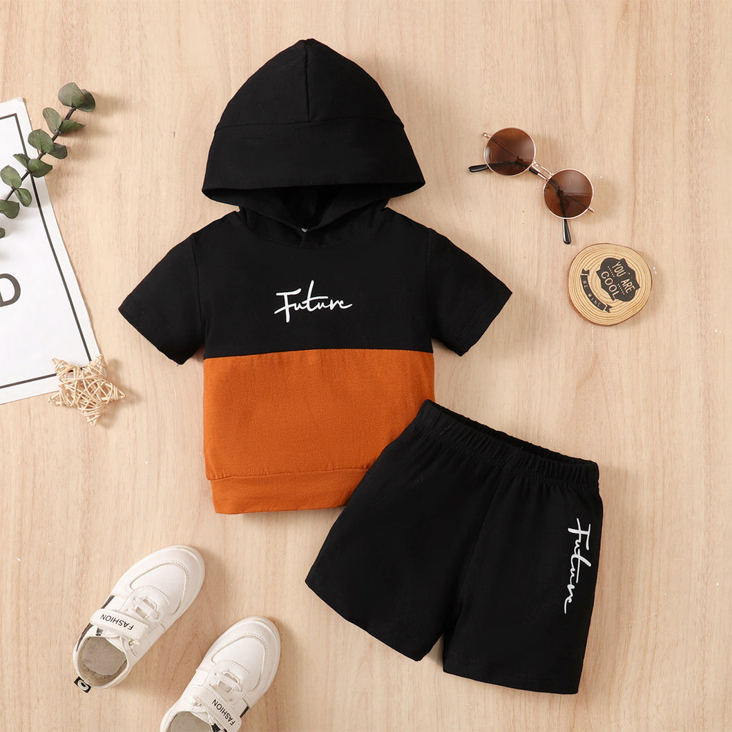 2pcs Baby Boy 95% Cotton Letter Print Two Tone Hoodie & Shorts Set