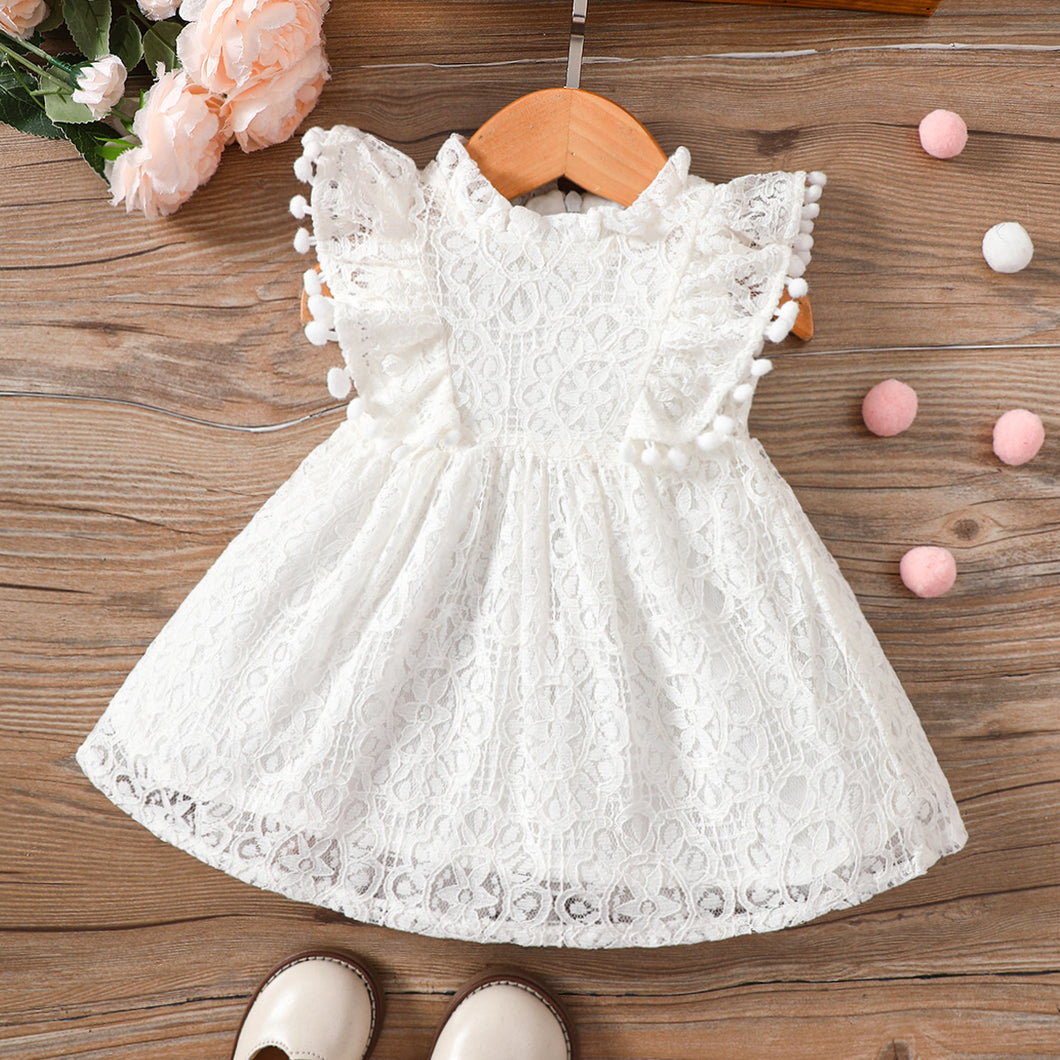 Baby Girl 100% Cotton Pom Pom Decor Flutter-sleeve Guipure Lace Dress