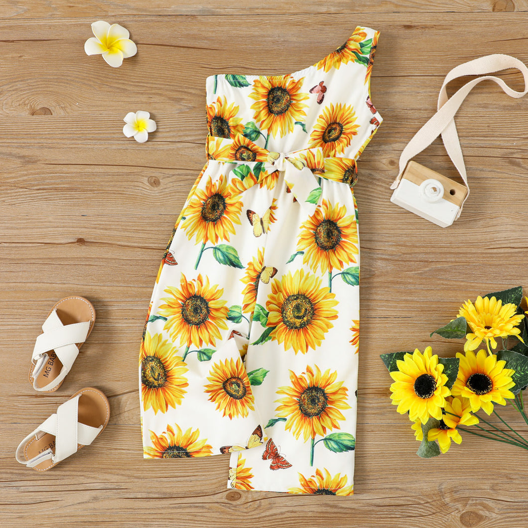 Toddler Girl Sunflower Print One-Shoulder Belted Jumpsuit