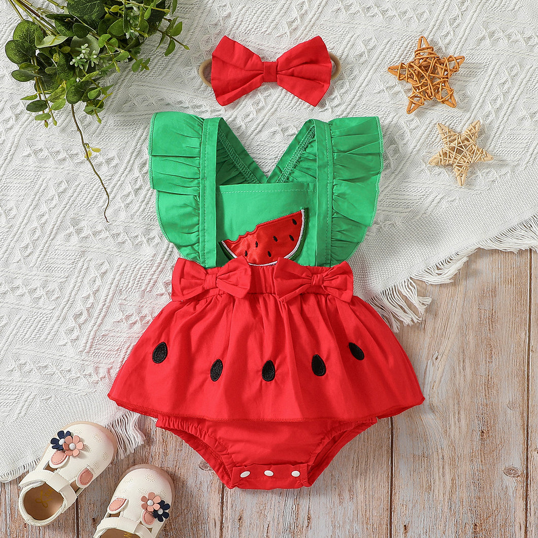 2pcs Baby Girl 100% Cotton Ruffled Watermelon Bodysuit Dress with Headband