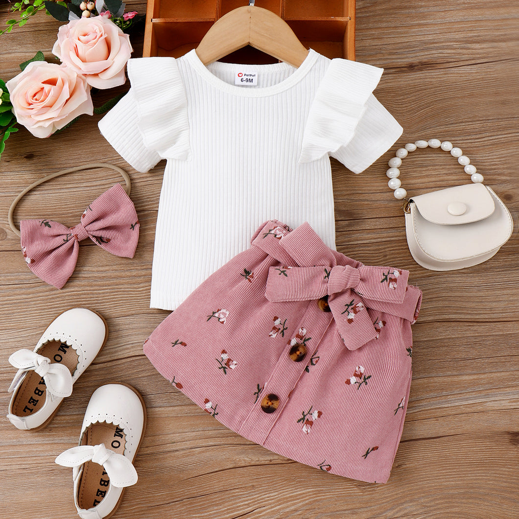 3pcs Baby Girl 95% Cotton Ribbed Ruffle Short-sleeve Tee and Floral Print Belted Skirt & Headband Set