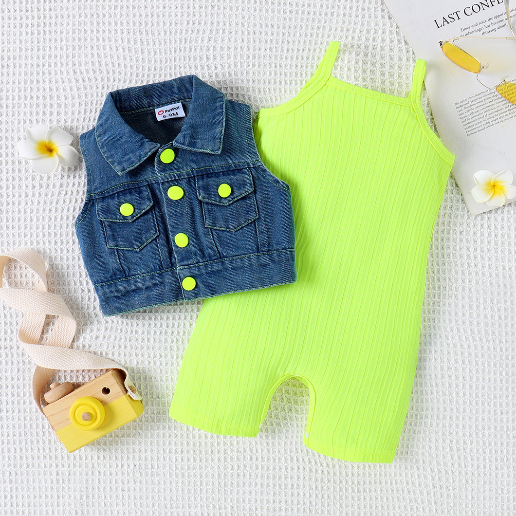 2pcs Baby Girl Solid Rib-knit Romper and Button Up Front Vest Denim Jacket Set