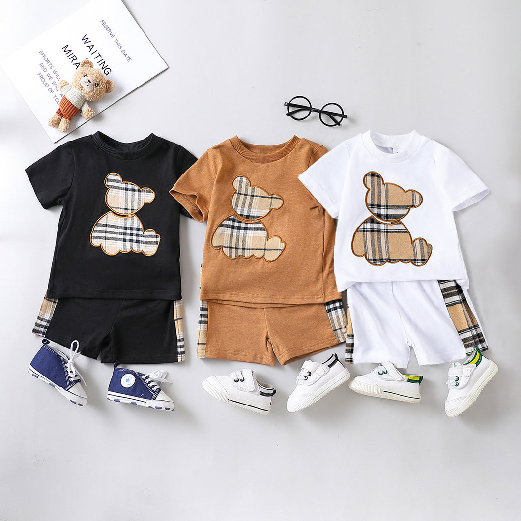 2pcs Baby Boy Plaid Bear Graphic Short-sleeve Tee & Shorts Set