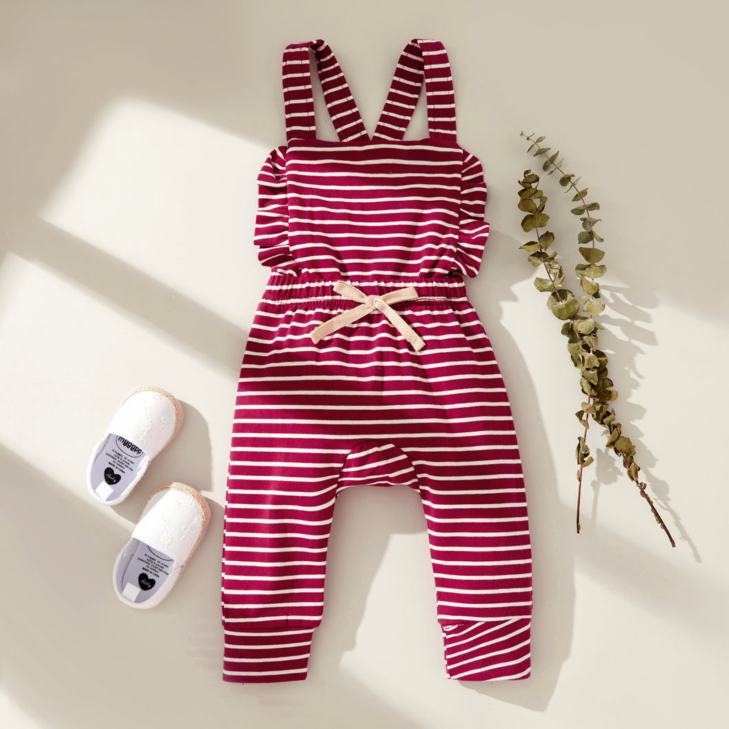 Stripe Print Ruffle Decor Sleeveless Baby Jumpsuit