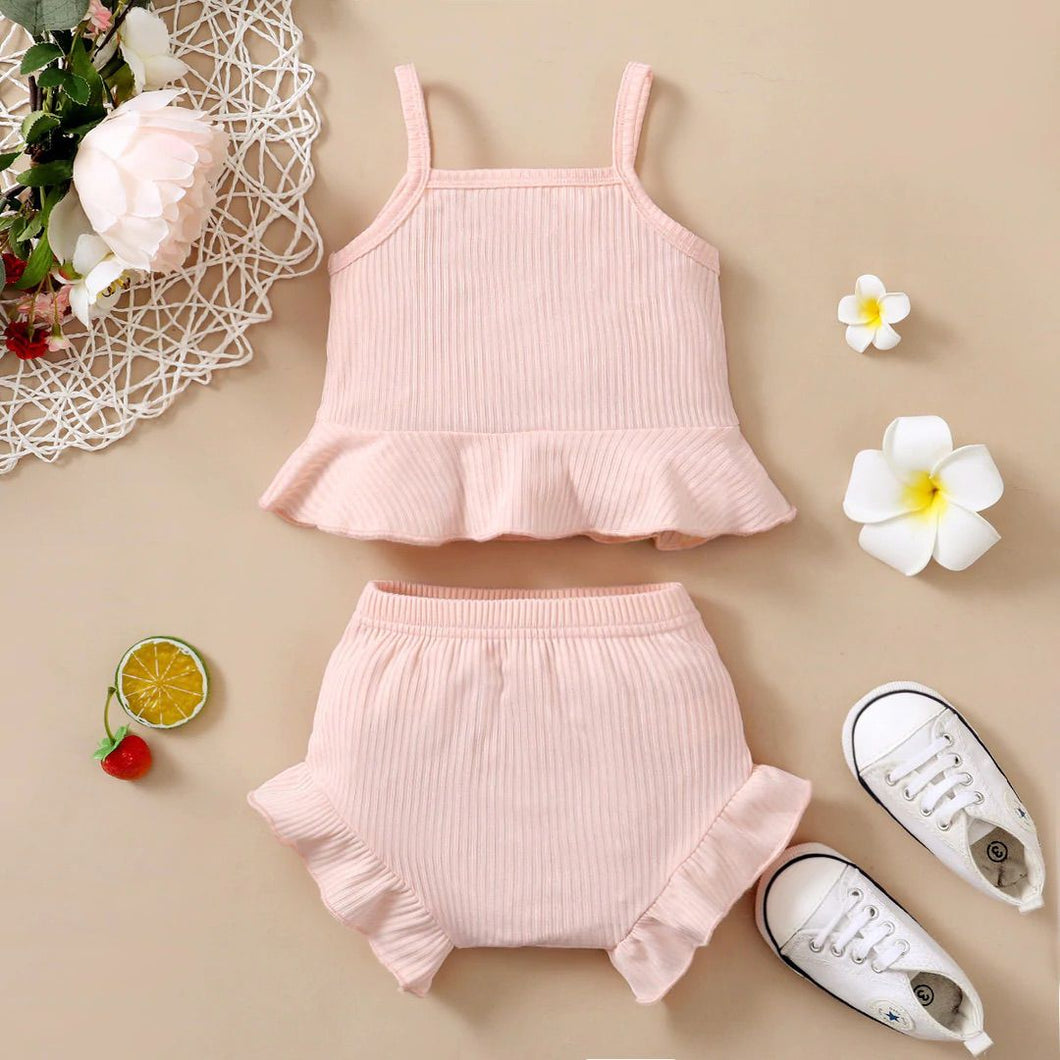 2pcs Baby Girl Solid Ribbed Sleeveless Spaghetti Strap Ruffle Top and Shorts Set