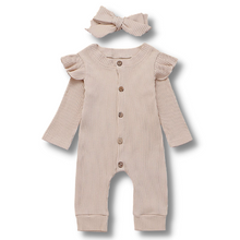 Load image into Gallery viewer, Baby Solid Flounced Jumpsuit with Headband Set
