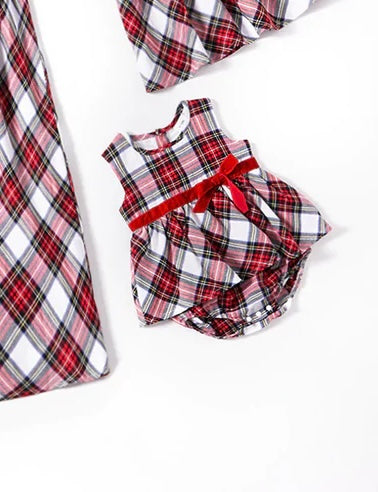 Red and White Plaid Print Long-sleeve Family Matching Sets(Sleeveless Dresses and Front Button Shirts)