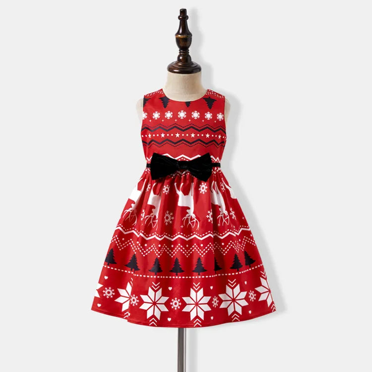 Christmas Family Matching Allover Print Bow Front Red A-line Tank Dresses and Long-sleeve Plaid Shirts Sets