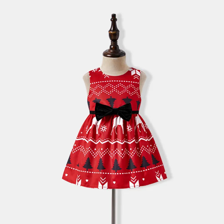 Christmas Family Matching Allover Print Bow Front Red A-line Tank Dresses and Long-sleeve Plaid Shirts Sets