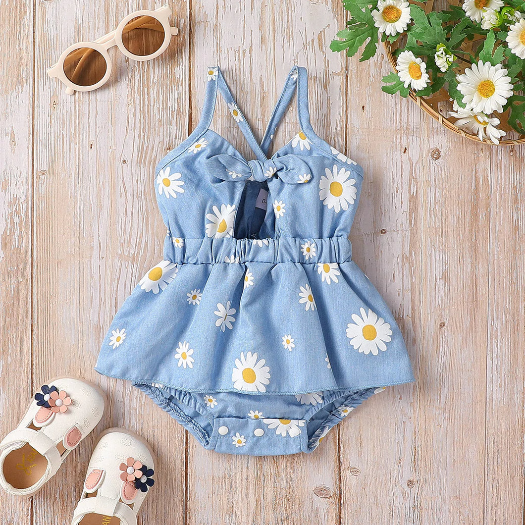 Baby Girl Allover Daisy Floral Print Knot Front Cut Out Denim Cami Romper