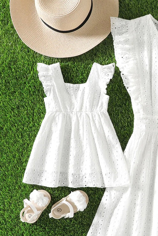 100% Cotton White Hollow-Out Floral Embroidered Ruffle Sleeveless Dress for Mom and Me