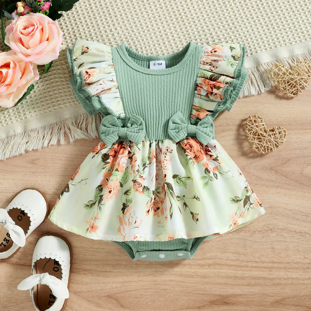 Baby Girl 95% Cotton Rib Knit Splicing Floral Print Ruffle Trim Short-sleeve Romper